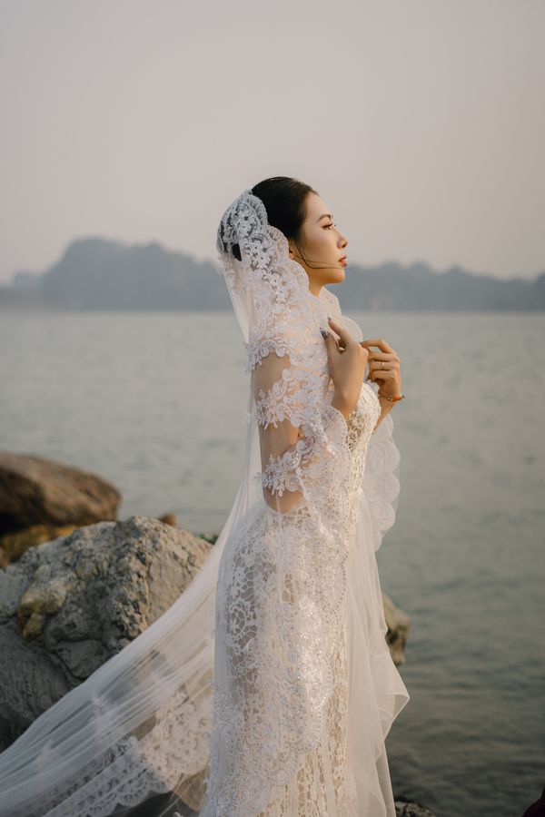 The Hoi An Scalloped Lace Mantilla Veil, photographed in Vietnam